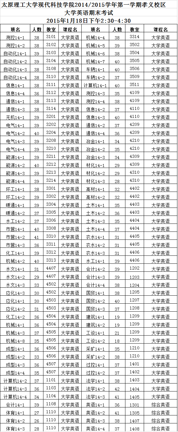 2014/2015学年第一学期孝义校区期末考试安排